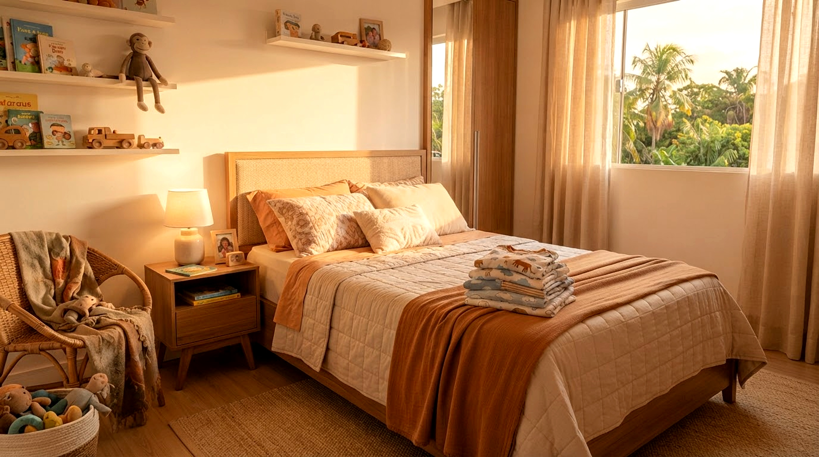 Quarto aconchegante com pijamas infantis