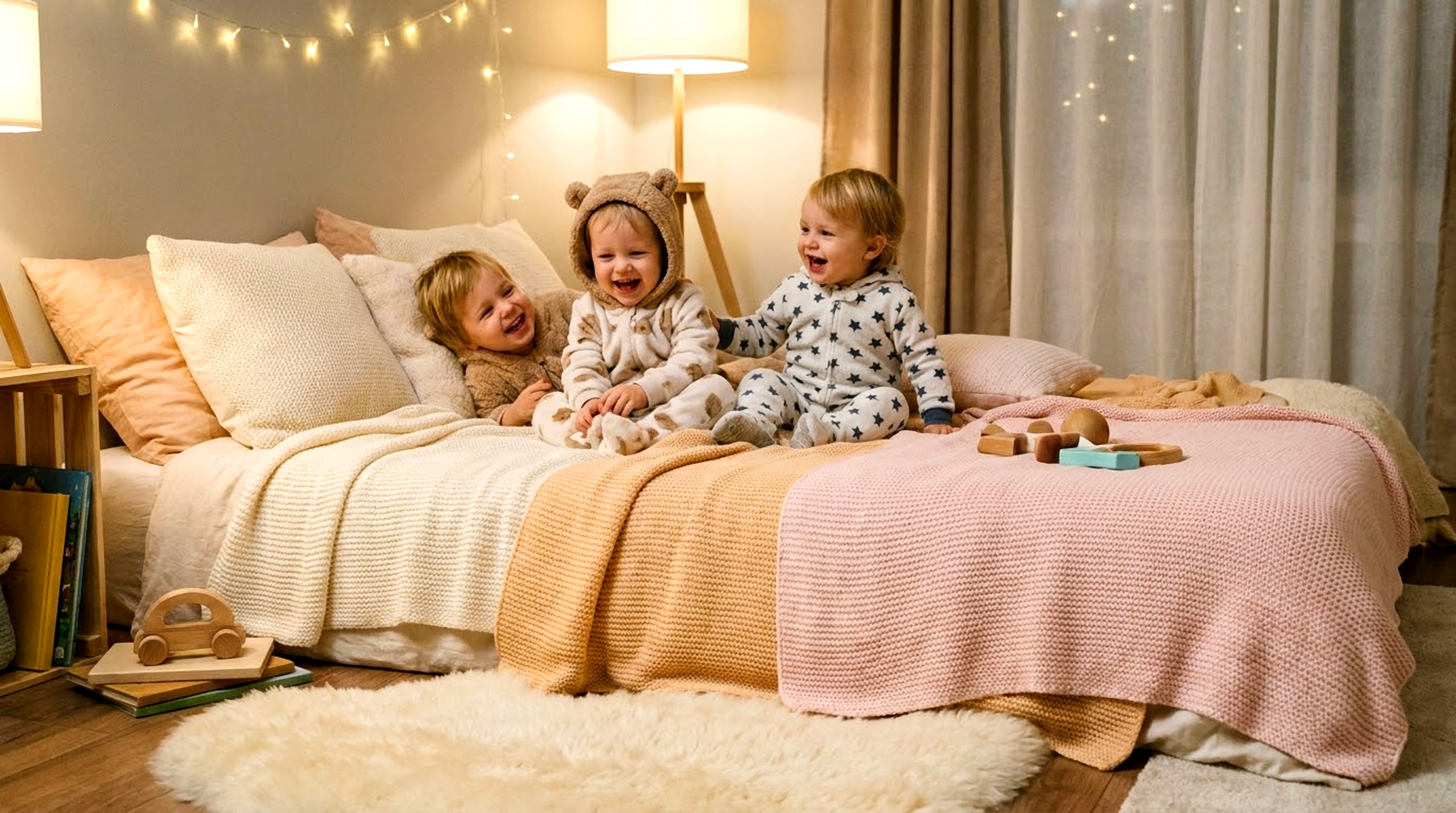 Crianças de pijama em um quarto aconchegante